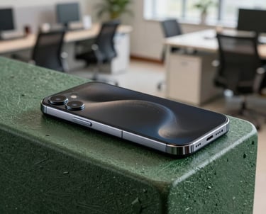 A sleek smartphone resting on a refined forest green recycled plastic surface in a bright, modern Indian office environment.