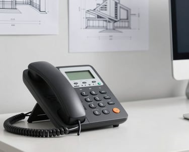 A professional, minimalist workspace in India with a sleek desk phone and clean architectural drawings in the background.