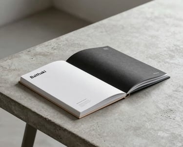 A minimalist, premium product catalogue with the Baithaki brand name visible, resting on a clean concrete table in an architectural studio.
