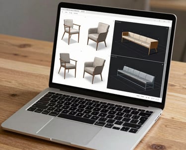 A high-end laptop display showing architectural furniture designs and CAD models of public seating, on a clean wooden desk.