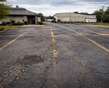 An old parking lot with a lot of cracks