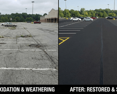 Before and after sealcoating parking lot