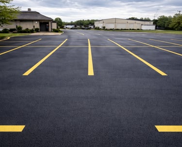 a recently sealed parking lot with fresh parking stripes