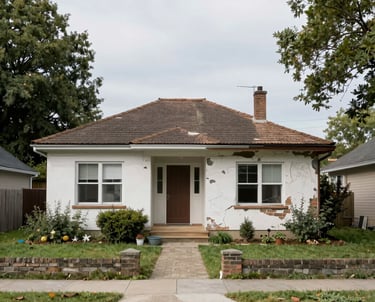 A worn-down house with visible damage, surrounded by greenery under a bright sky.
