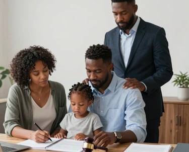 A family reviewing legal papers together in a bright, welcoming room.