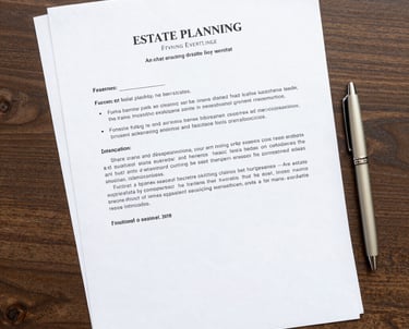 A neat desk with estate planning documents, a pen, and a cup of coffee.
