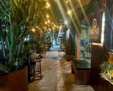 Entrada do Okone Sushi Nikkei à noite, com fachada em madeira, placa iluminada e luzes decorativas em rua arborizada.