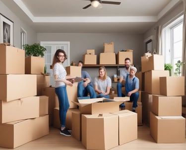 A team carefully packing household items into boxes with protective materials.