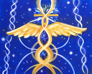 Image of golden wings and dna spirals inspired by the Isis frequencies by artist Silvia Salerno