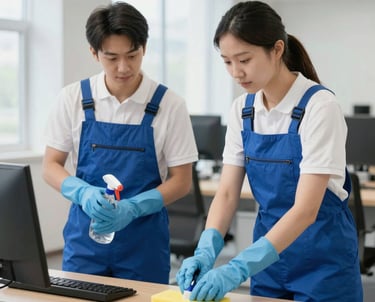 A professional cleaner wiping down a modern office desk with natural light streaming in.