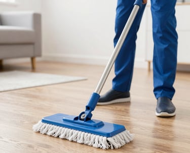 A janitor vacuuming a commercial lobby with polished floors and comfortable seating.