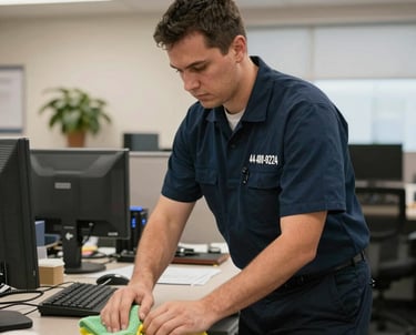 A friendly Jacksonville CleanPro team member carefully cleaning an office desk with natural light streaming through the window.