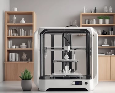 A softly lit minimalist workspace with pastel-colored 3D printed design objects arranged neatly on a wooden table.