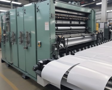 A vibrant printing press machine producing colorful medicine cartons with sharp detail.