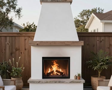 Modern white stucco outdoor fireplace with a wood mantel and burning logs on a backyard patio.