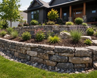 Multi-level natural stone retaining wall with tiered garden landscaping in front of a modern home.