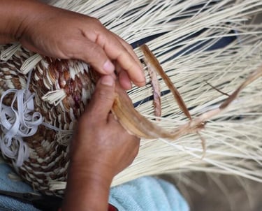 Persona tejiendo canasta con fibras naturales