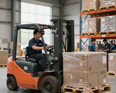A professional logistics team coordinating shipments with digital maps and cargo containers in the background.