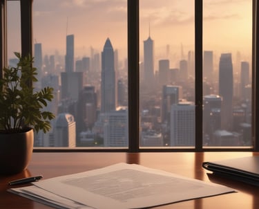 A confident lawyer discussing strategy with clients in a modern office setting.