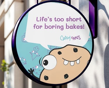 A round hanging outdoor bakery sign for Crazy Cakes featuring a cartoon cookie character and the slogan Life's too short for
