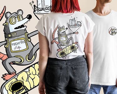 Custom graphic t-shirts featuring a cartoon tech rat character on a skateboard with urban graffiti art.