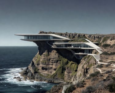 An image of a 3D modern home model built into the cliff on the edge of the ocean..