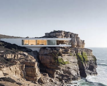 An image of a 3D modern home model built into the cliff on the edge of the ocean..