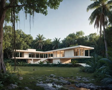 An image of a 3D modern home model built in a jungle among a large banyan tree.