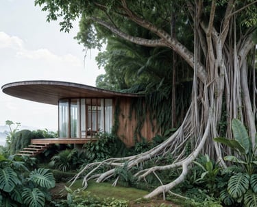 An image of a 3D modern home model built in a jungle among a large banyan tree.