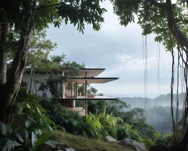 An image of a 3D modern home model built in a jungle among a large banyan tree.