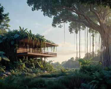 An image of a 3D modern home model built in a jungle among a large banyan tree.