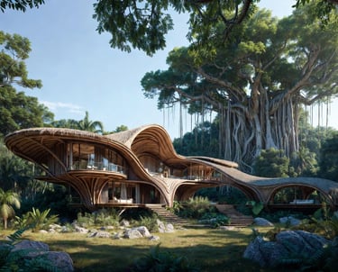 An image of a 3D bamboo home model built in a jungle among a large banyan tree.