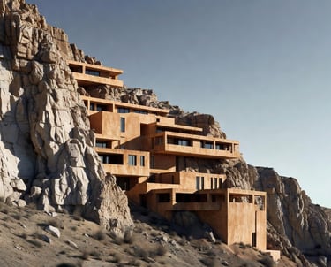 An image of a 3D modern home model built into the cliff in a desert.