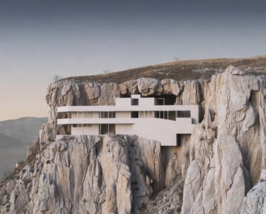 An image of a 3D modern home model built into the cliff in a desert.