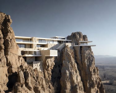 An image of a 3D modern home model built into the cliff in a desert.