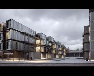 Three-level mocha-colored shipping container apartments on stilts, offering modern modular design.
