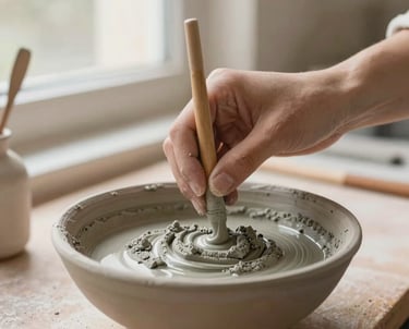 Un artista de la cerámica utiliza una herramienta de alfarería para mezclar arcilla líquida.