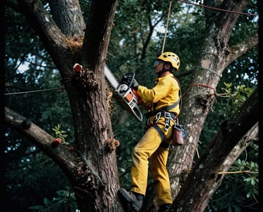 Arborist using a chainsaw to begin removing a tree
