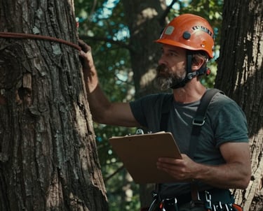 A certified arborist evaluating a tree for health and risk assessment