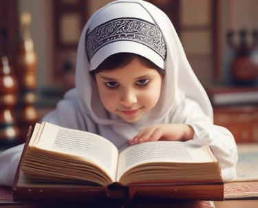 A warm, inviting online classroom scene showing a teacher and diverse students engaged in Quran study.
