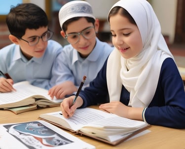 A warm, inviting online classroom scene with a teacher and diverse students engaged in Quran study.