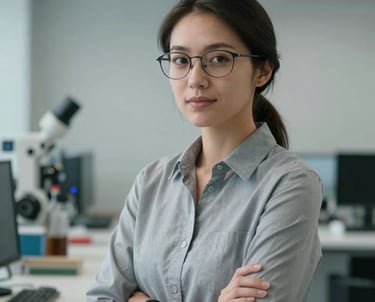 Professional portrait of a female lead engineer with glasses, looking approachable and focused, standing in a clean engineering firm with soft light grey walls.