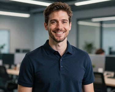 Professional portrait of a male principal engineer in a deep navy polo shirt, smiling confidently in a modern technical office with muted steel blue accents and soft lighting.