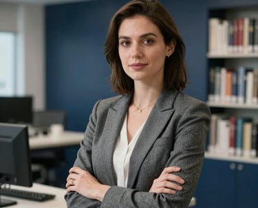 Professional portrait of a female educational designer in a smart grey blazer, appearing trustworthy and professional in a technical library setting with navy accents.