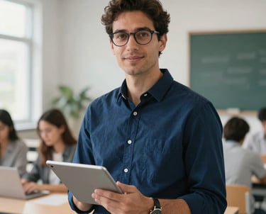 Professional portrait of a male instructor in a rich navy blue button-down shirt, holding a digital tablet in a bright, modern learning laboratory environment.