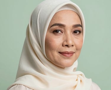 Professional portrait of a Southeast Asian woman in her 40s with a warm and wise expression, wearing a minimalist off-white hijab. The background is a soft pale green, creating a calm and sophisticated look.