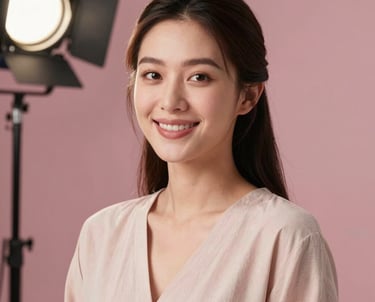 Portrait of a creative Southeast Asian woman with a friendly smile, wearing a modest outfit in soft pastel tones. She is set against a dusty rose background, illuminated by soft, professional studio lighting.