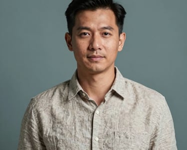 Portrait of a professional Southeast Asian man in a neutral linen shirt, looking confident and approachable. The background is a muted teal, providing a clean and contemporary aesthetic.