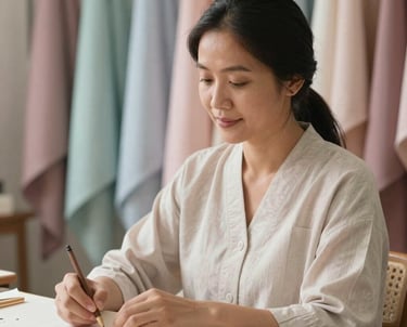 Portrait of a Southeast Asian woman with a focused and warm expression, working in a light-filled design studio with elegant pastel fabrics. She represents the dedication to craftsmanship at Nura Abaya.