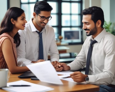 A small business owner happily discussing loan options with a financial advisor.
